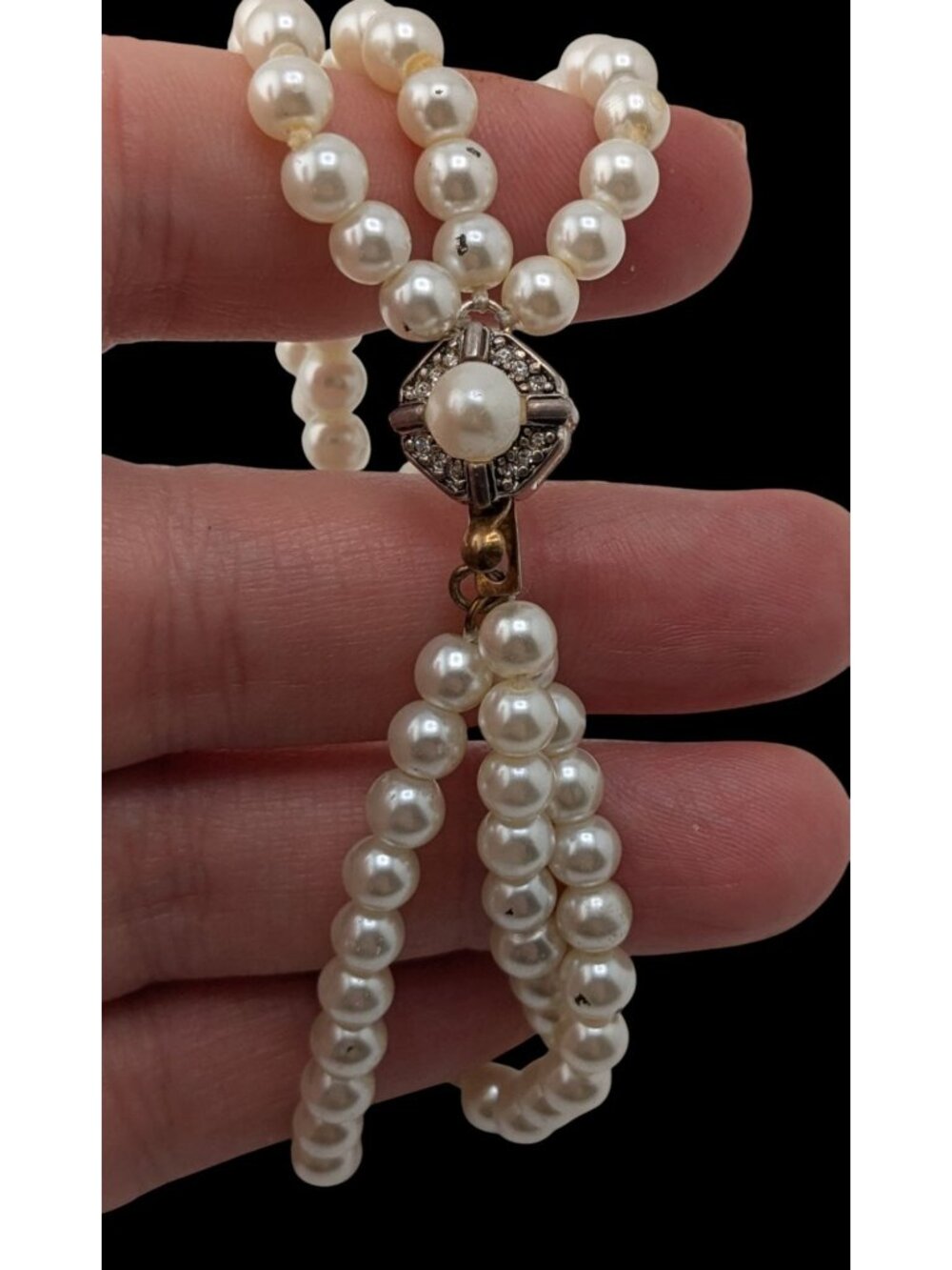 Vintage Franklin Mint Faux Pearl Triple Strand Bracelet Signed FM Rhinestone Cla